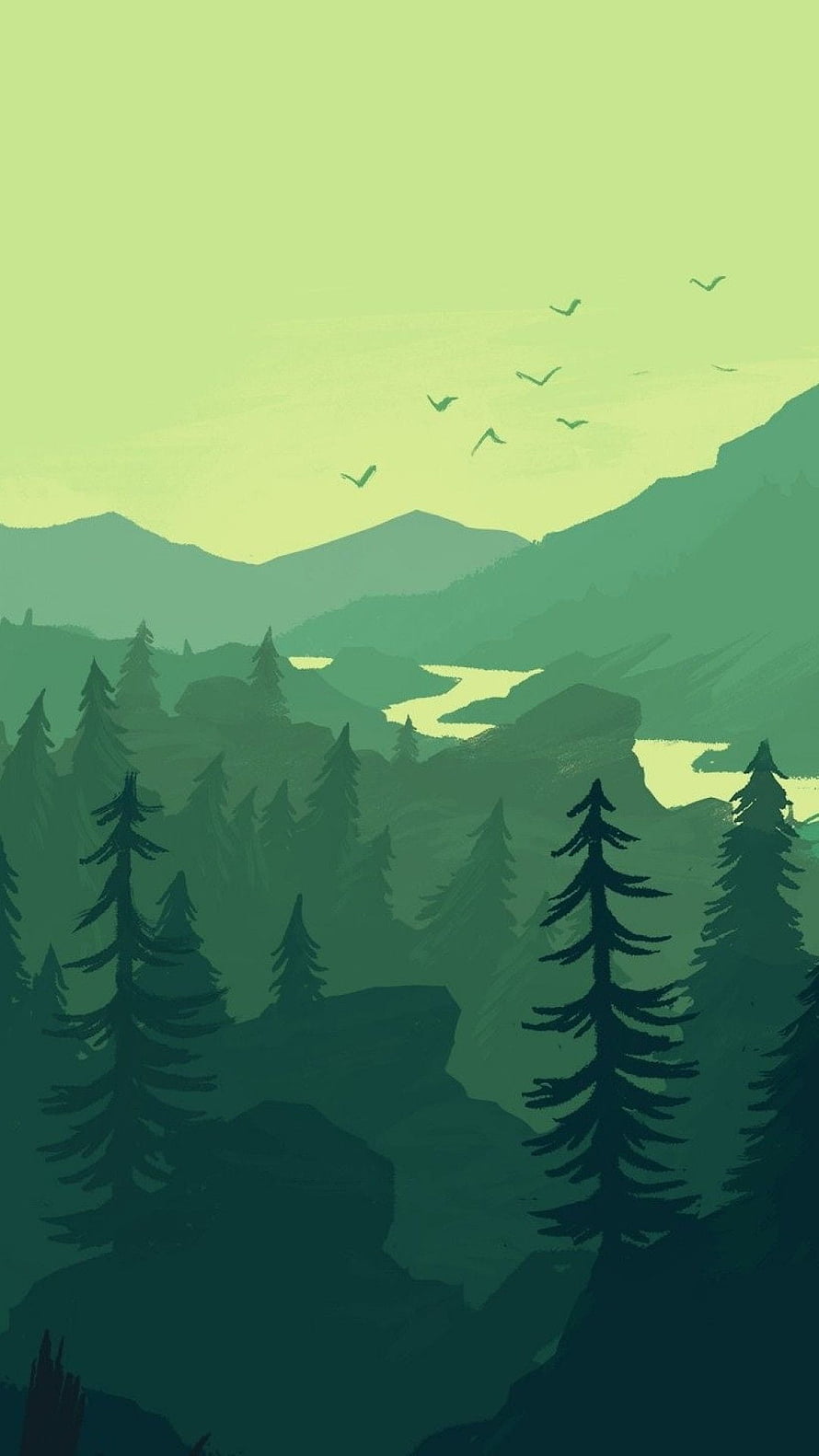 Minimalist Green Forest Landscape with Distant Mountains and Birds in Flight HD phone wallpaper