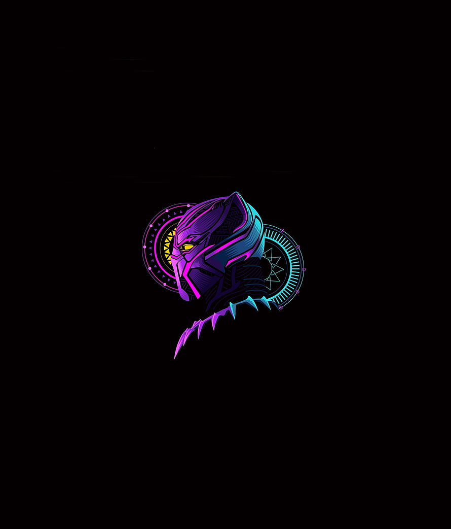 Black Panther Neon Mask with Geometric Circles and Cyberpunk Glow on Black Background HD phone wallpaper