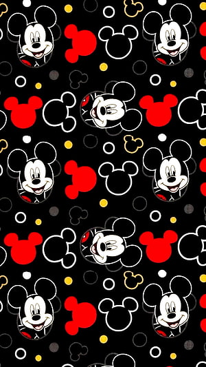 Mickey and Minnie Mouse Pattern Wallpaper with Red and White Head Silhouettes on Black Background HD phone wallpaper