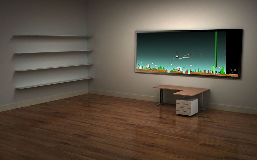 Minimalist Home Office with Wall-Mounted TV Displaying Pixel Art Game Scene HD wallpaper