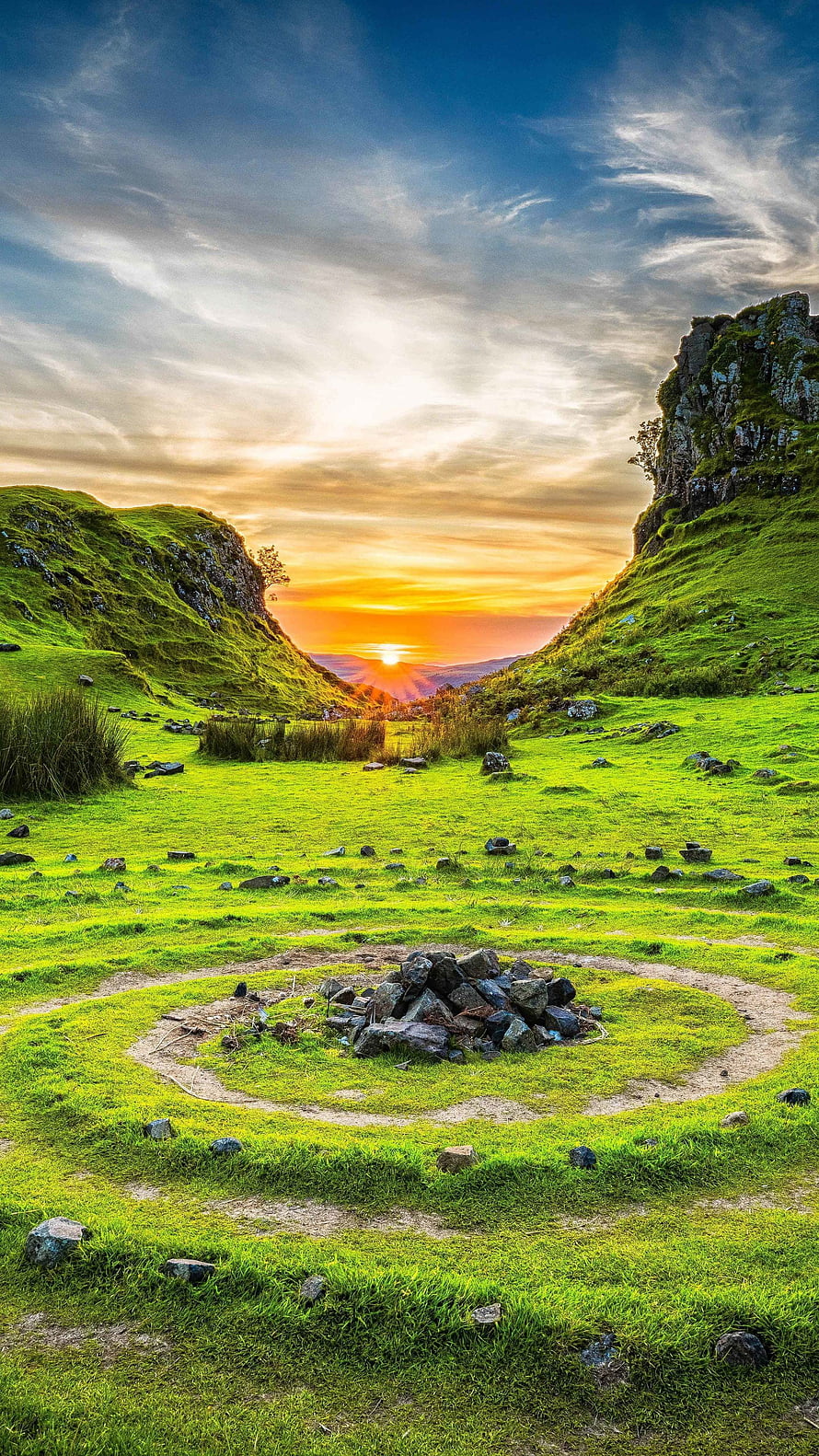 Isle of Skye Sunset Over Green Highlands and Stone Circle in Scotland HD phone wallpaper