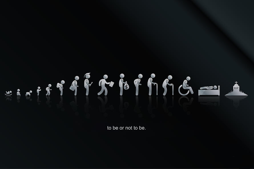 Minimalist Human Life Cycle Infographic with Philosophical Quote on Dark Background HD wallpaper