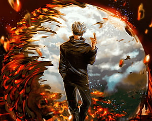 Gojo Satoru from Jujutsu Kaisen in a dramatic dark robe with fiery energy and a swirling portal background HD wallpaper