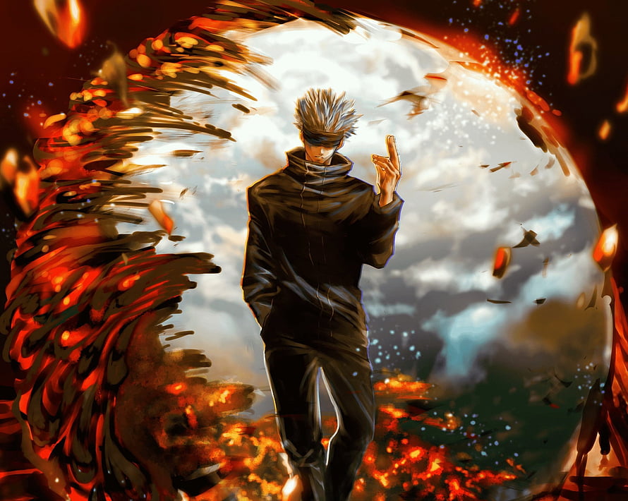Gojo Satoru from Jujutsu Kaisen in a dramatic dark robe with fiery energy and a swirling portal background HD wallpaper