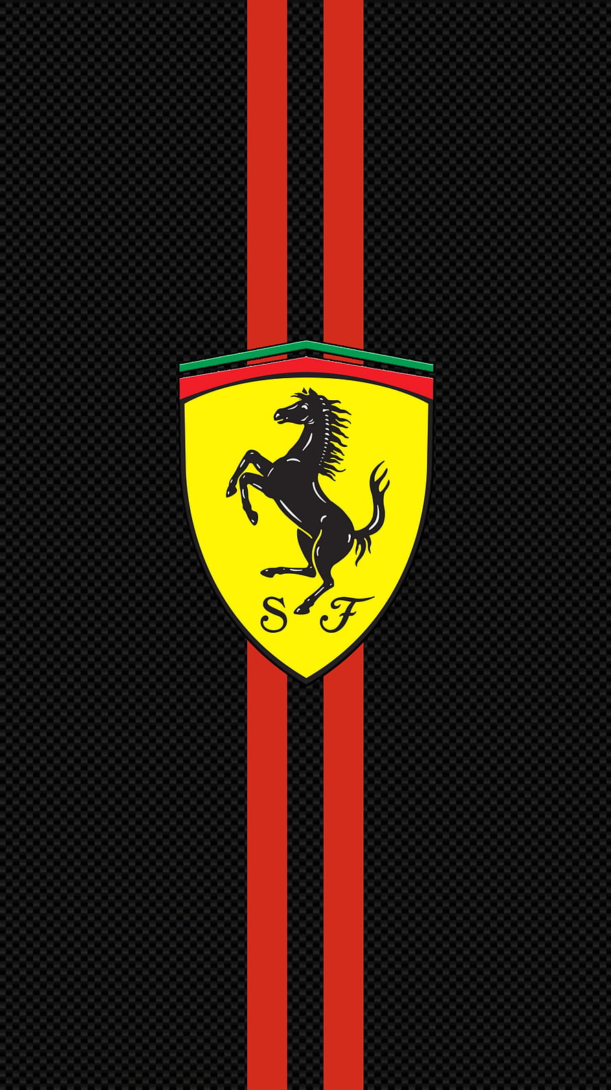 Ferrari Prancing Horse Emblem on Black Carbon Fiber with Red Racing Stripes HD phone wallpaper