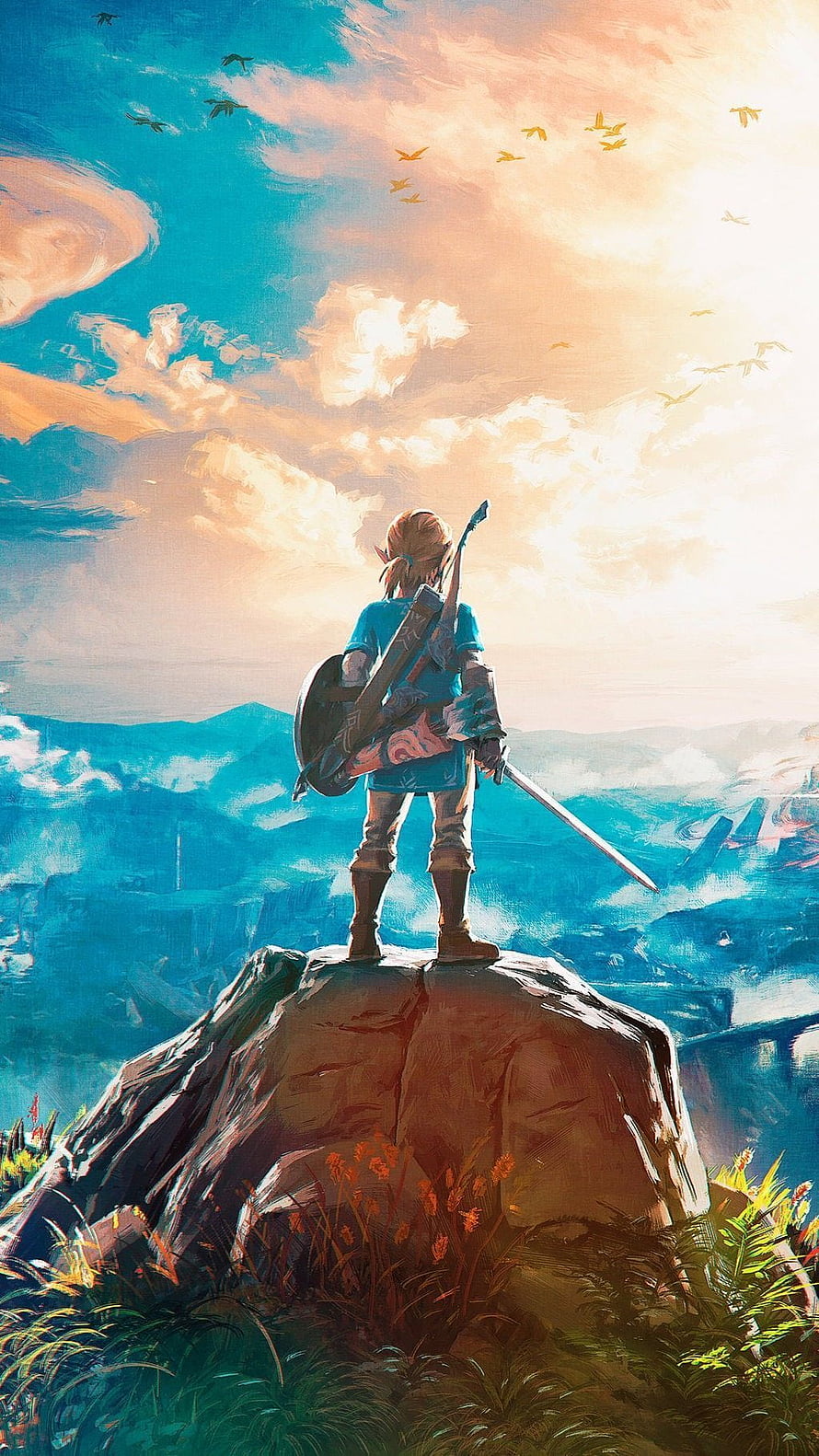 Legend of Zelda Breath of the Wild Hero Standing on Cliff at Sunset HD phone wallpaper