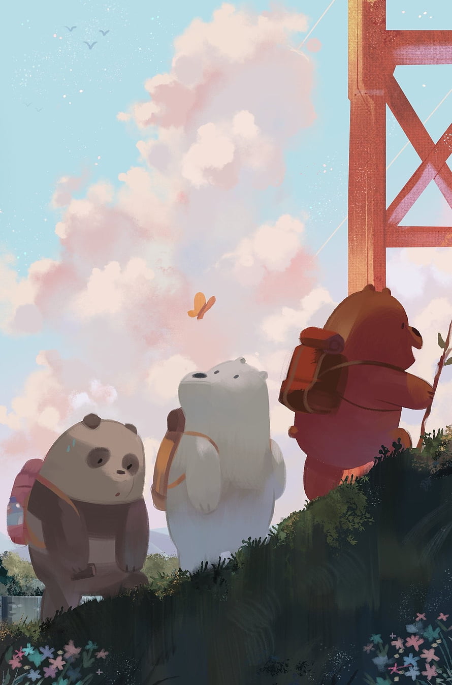 We Bare Bears Hiking Adventure with Golden Gate Bridge and Pastel Sky HD phone wallpaper