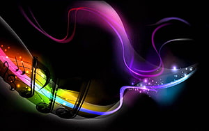 Vibrant Abstract Music Notes with Neon Swirls on Dark Background HD wallpaper