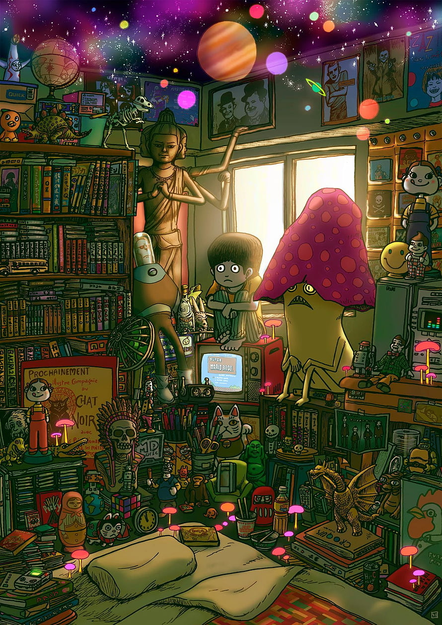 Uetsuji Shotaro Psychedelic Bedroom Illustration with Cosmic Ceiling and Cluttered Shelves HD phone wallpaper