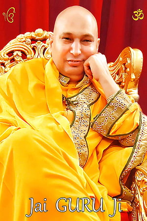 Jai Guru Ji Portrait in Yellow Robes Seated on Golden Throne with Om Symbol HD phone wallpaper