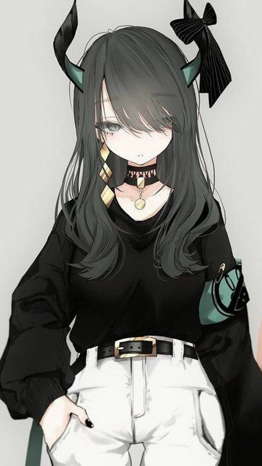Anime Demon Girl with Black Horns and Bow in Streetwear HD phone wallpaper