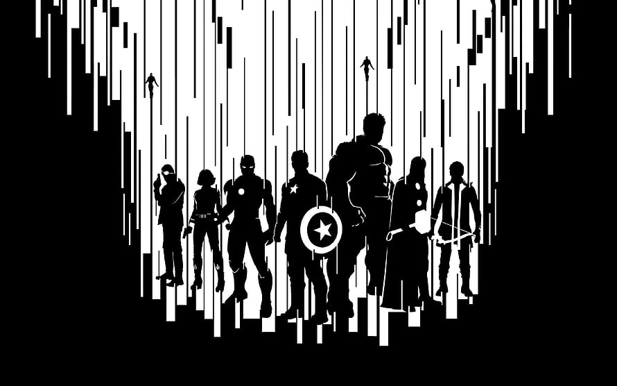 Avengers Silhouette Lineup with Captain America Shield and Hawkeye Bow HD wallpaper