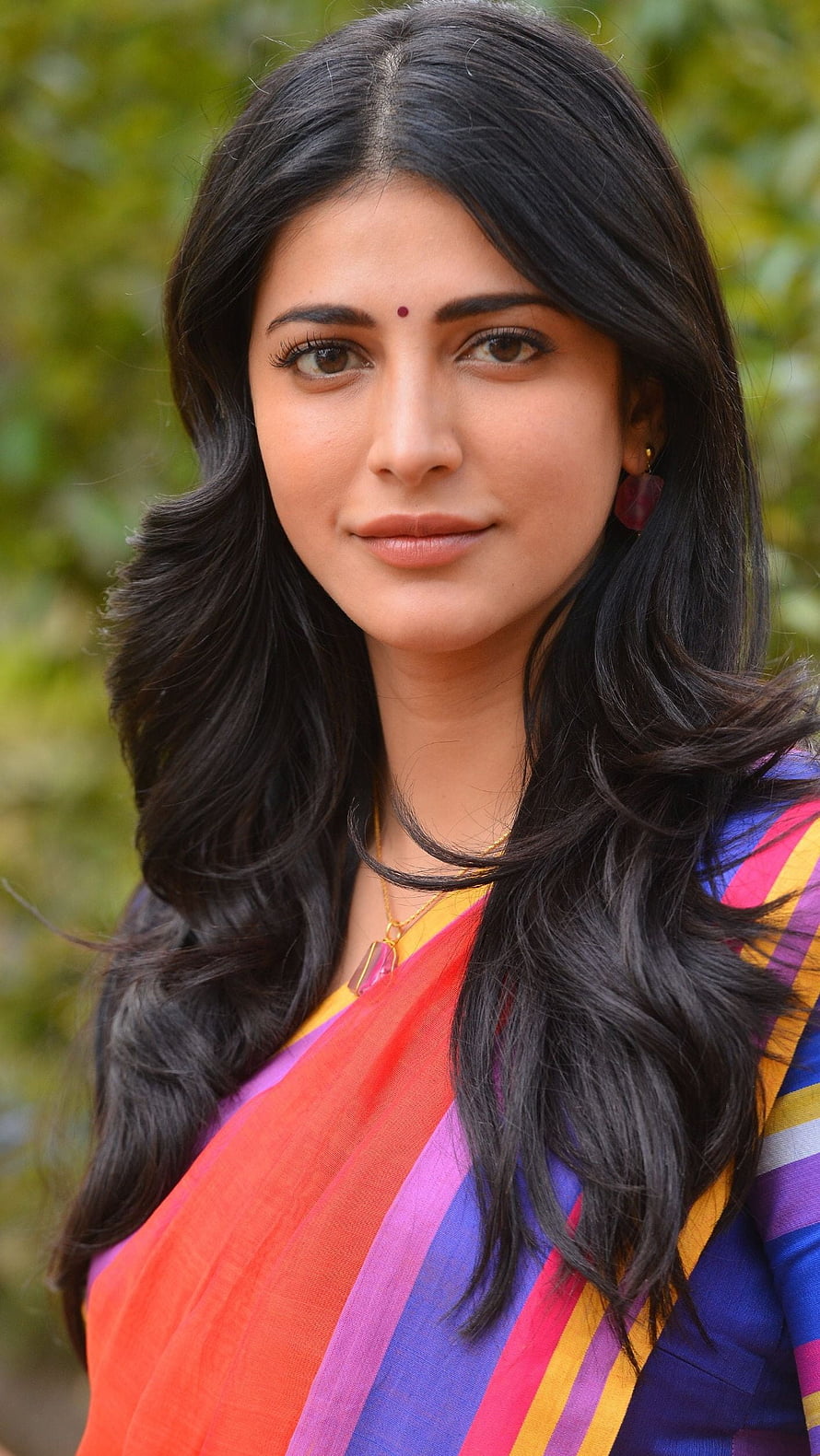 Shruti Hassan Portrait in Vibrant Multicolored Saree with Long Dark Hair HD phone wallpaper