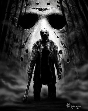 Jason Voorhees with Machete in Black and White Horror Artwork HD phone wallpaper