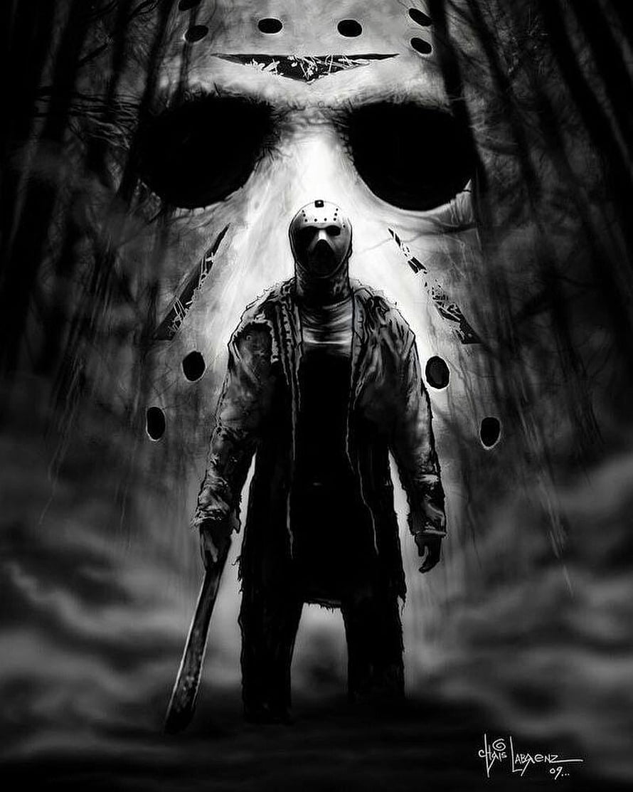 Jason Voorhees with Machete in Black and White Horror Artwork HD phone wallpaper