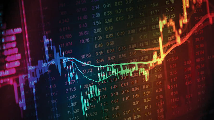 Neon Stock Market Candlestick Chart with Financial Data Grid and Trend Lines HD wallpaper