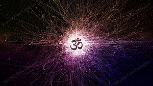 Glowing Om Symbol Radiating Cosmic Energy in Vibrant Purple and Pink Particle Burst HD wallpaper