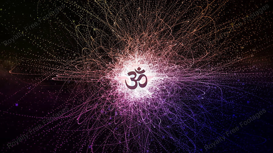 Glowing Om Symbol Radiating Cosmic Energy in Vibrant Purple and Pink Particle Burst HD wallpaper