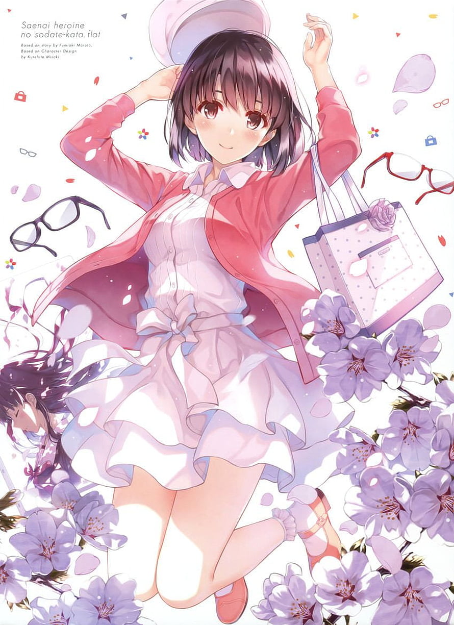 Megumi Katou from Saenai Heroine no Sodatekata in a pink cardigan and white dress surrounded by cherry blossoms HD phone wallpaper
