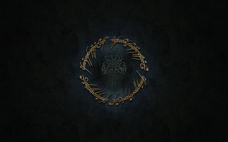 Lord of the Rings Elvish Script and Tree of Life Emblem on Dark Textured Background HD wallpaper