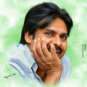 Pawan Kalyan smiling portrait with hand on face against a soft green background HD phone wallpaper