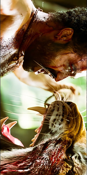 RRR Movie Scene: NTR and Tiger Face-Off in Intense Jungle Confrontation HD phone wallpaper