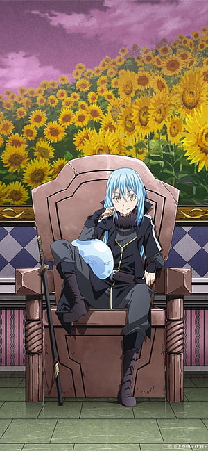 Rimuru Tempest Sitting on Throne in Sunflower Field from Tensei Shitara Slime Datta Ken HD phone wallpaper