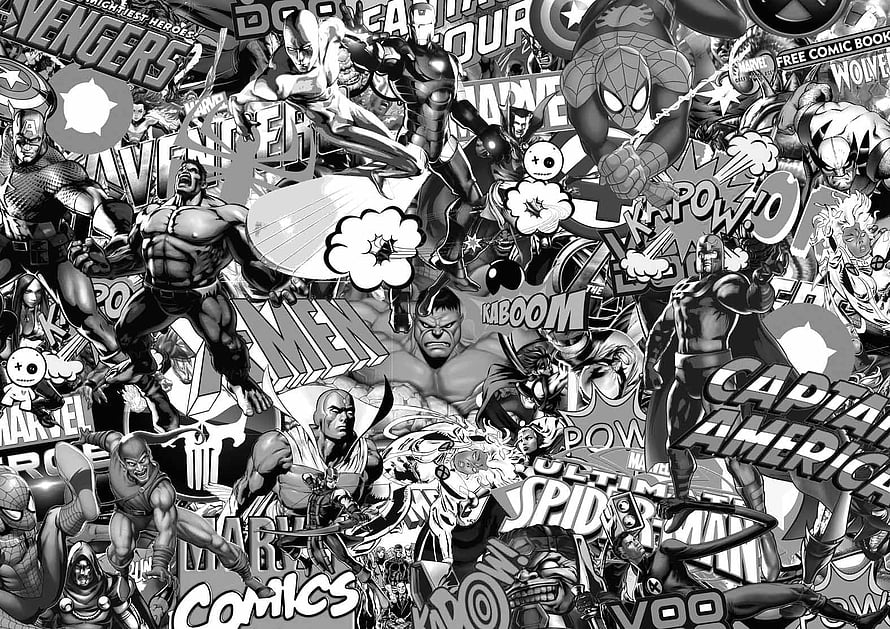 Black and White Marvel Comics Collage Featuring Avengers and Spider-Man HD wallpaper
