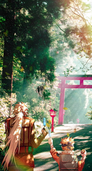Jiraiya and Naruto Sharing Ice Cream in a Sunlit Forest with a Torii Gate HD phone wallpaper