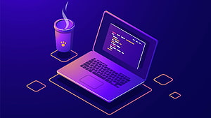 Isometric Neon Laptop with Code and Coffee Cup on Dark Purple Background HD wallpaper