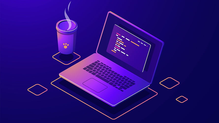 Isometric Neon Laptop with Code and Coffee Cup on Dark Purple Background HD wallpaper