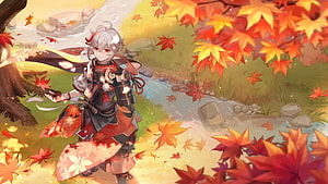 Kaedehara Kazuha from Genshin Impact in a Vibrant Autumn Forest with Falling Maple Leaves HD wallpaper