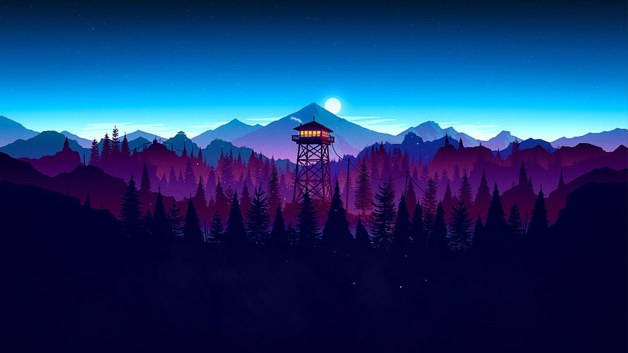 Illuminated Fire Tower in a Starlit Mountain Forest at Night HD wallpaper