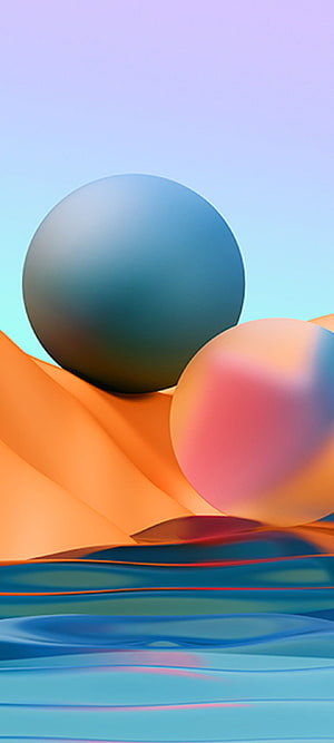 Abstract 3D spheres resting on flowing orange and blue waves with soft pastel gradient background HD phone wallpaper