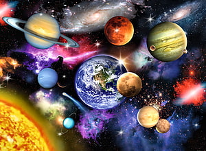Vibrant Solar System Illustration Featuring Planets, Nebulae, and Galaxies in Deep Space HD wallpaper