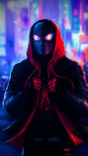 Miles Morales in a Red Hooded Jacket Against a Neon City Skyline HD phone wallpaper