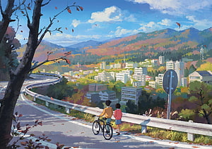 Whisper of the Heart Ghibli Style Illustration of Two Children with a Bicycle Overlooking an Autumn City HD wallpaper