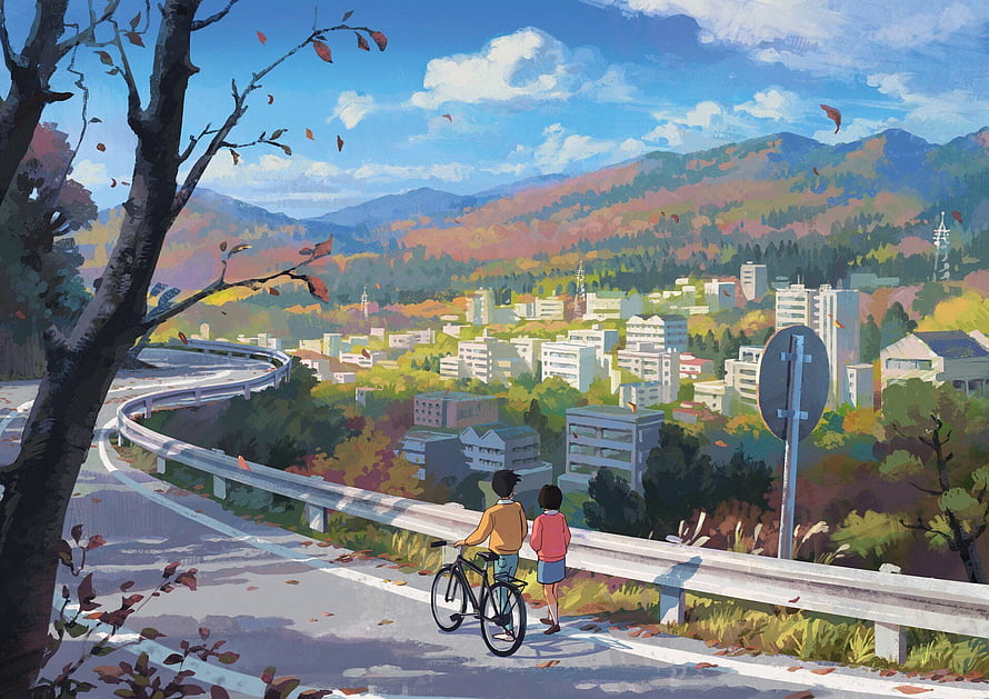 Whisper of the Heart Ghibli Style Illustration of Two Children with a Bicycle Overlooking an Autumn City HD wallpaper