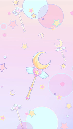 Pastel Kawaii Sailor Moon Aesthetic with Crescent Moon Wand and Stars HD phone wallpaper