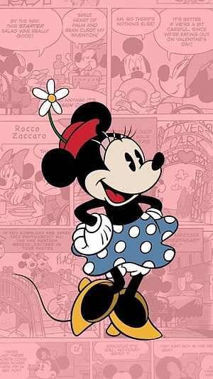 Minnie Mouse in Blue Polka Dot Dress with Daisies on Pink Comic Background HD phone wallpaper
