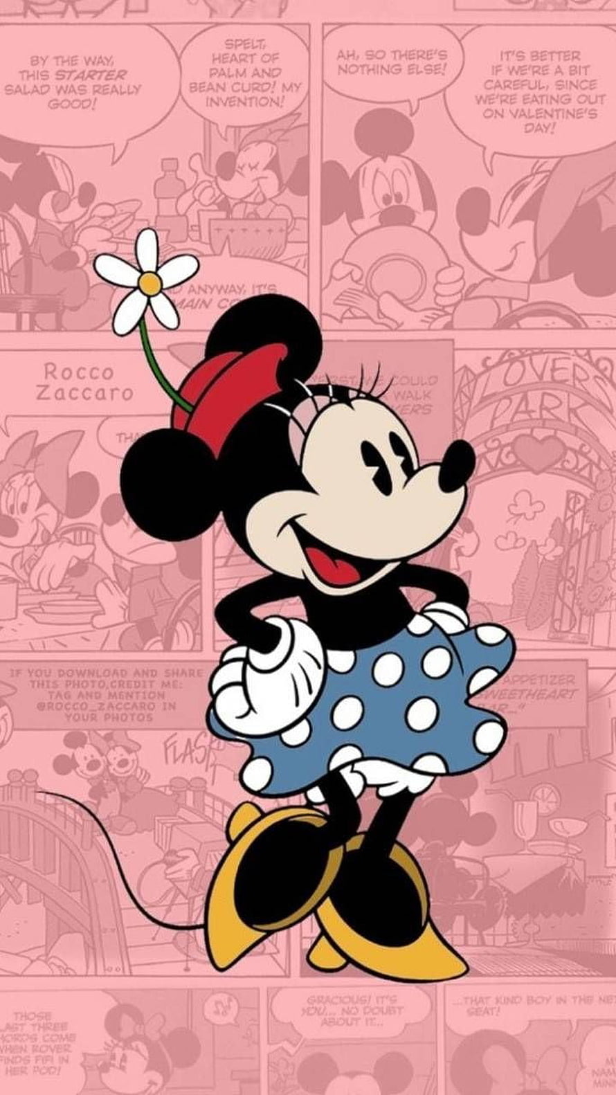 Minnie Mouse in Blue Polka Dot Dress with Daisies on Pink Comic Background HD phone wallpaper