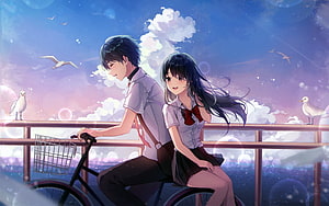 Anime Couple Riding Bicycle on Seaside Bridge at Sunset with Seagulls HD wallpaper