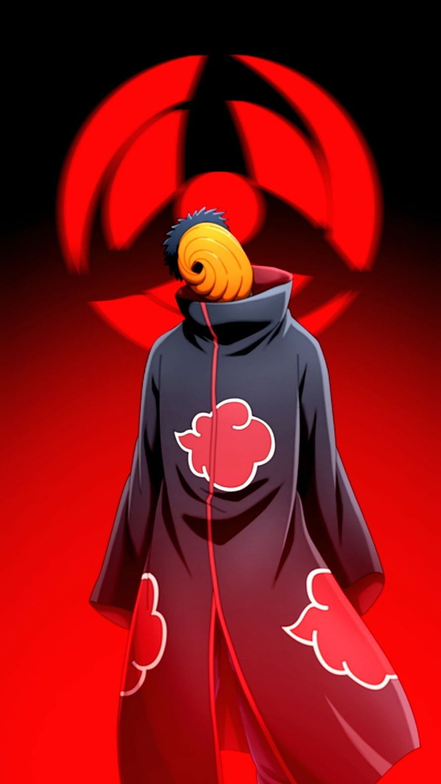 Uchiha Obito Tobi in Akatsuki Cloak with Sharingan Background HD phone wallpaper