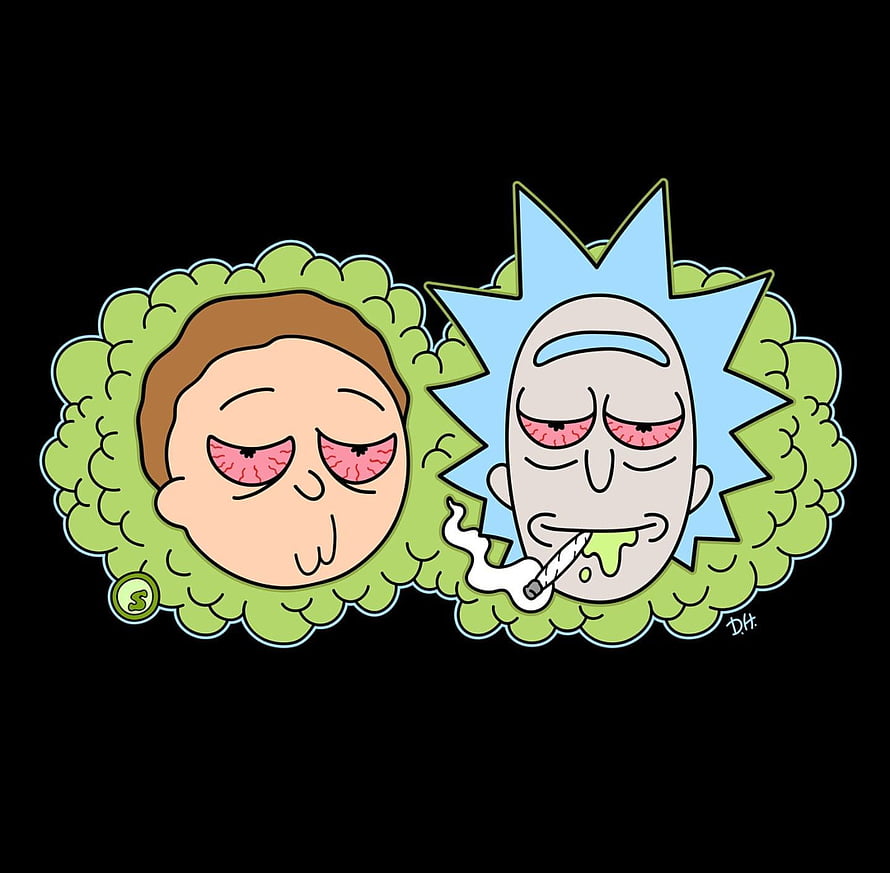 Stoner Rick and Morty Cartoon Illustration with Green Smoke and Cigarette HD wallpaper