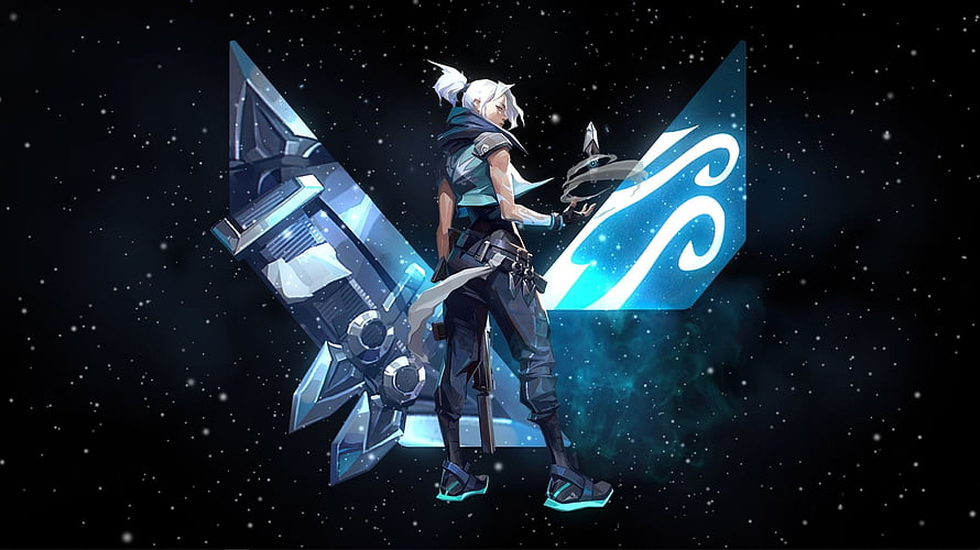 Jett from Valorant with glowing blue wings and starry cosmic background HD wallpaper