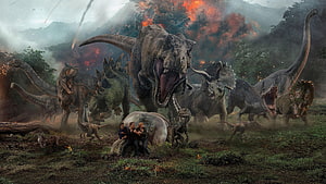 Jurassic World Dinosaur Stampede Concept Art with Volcanic Eruption and Survivors HD wallpaper