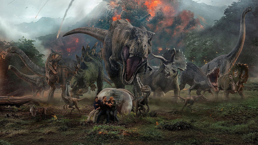Jurassic World Dinosaur Stampede Concept Art with Volcanic Eruption and Survivors HD wallpaper