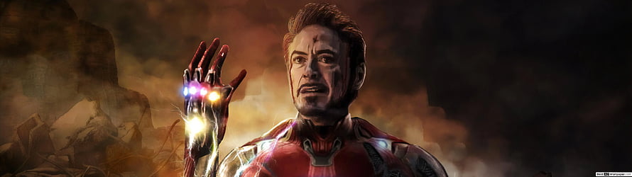 Iron Man Tony Stark Raising Infinity Gauntlet in Endgame Battle Scene HD wallpaper