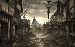 Grim Medieval Village Street with Hanging Figure and Castle in the Distance HD wallpaper