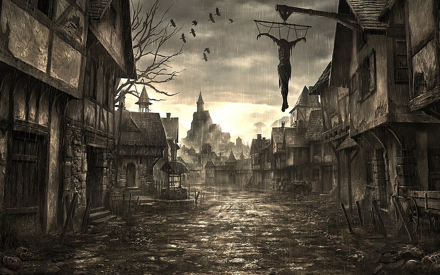 Grim Medieval Village Street with Hanging Figure and Castle in the Distance HD wallpaper